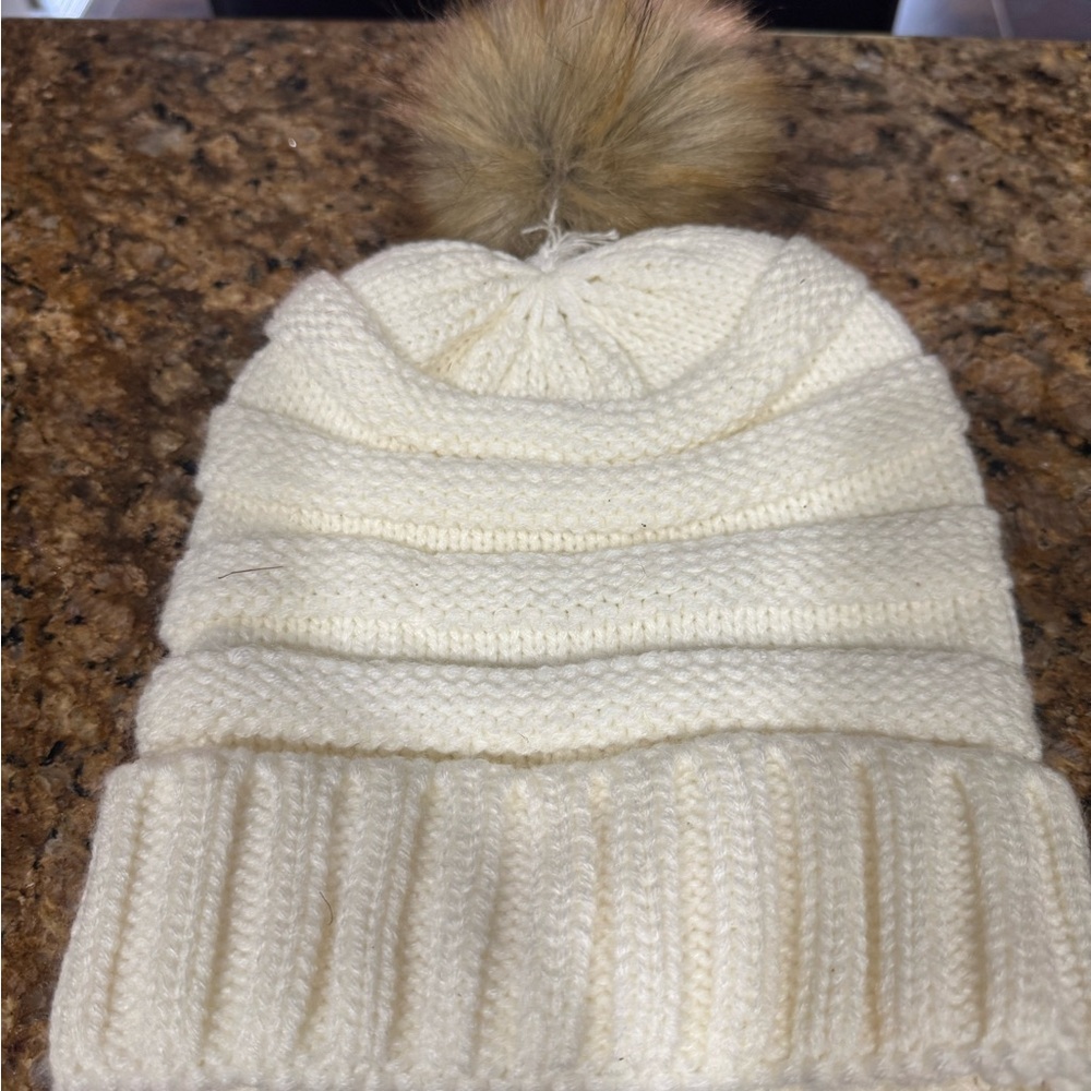 CC Boutique Cream Knit Beanie with Brown Pom